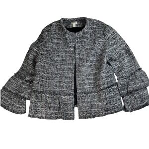 Chicos Womens Tweed Jacket Ruffle Sleeve Fringed Open‎ Front Black White Size 3